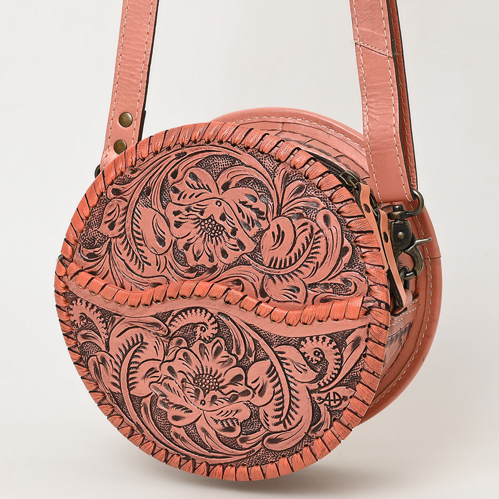 ADBG1461 Round Natural Hand-Tooled Leather Canteen Bag - Floral Whipstitch Western Style