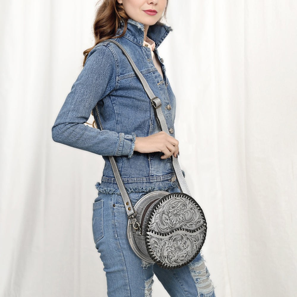 ADBG1461 Round Natural Hand-Tooled Leather Canteen Bag - Floral Whipstitch Western Style