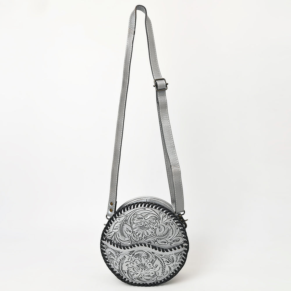 ADBG1461 Round Natural Hand-Tooled Leather Canteen Bag - Floral Whipstitch Western Style