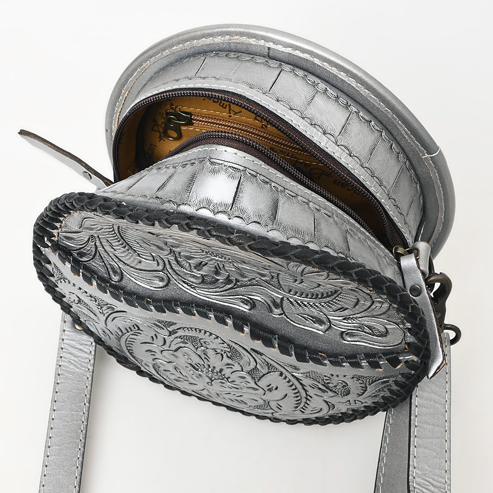 ADBG1461 Round Natural Hand-Tooled Leather Canteen Bag - Floral Whipstitch Western Style