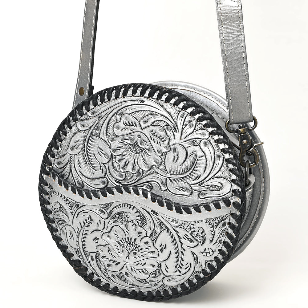 ADBG1461 Round Natural Hand-Tooled Leather Canteen Bag - Floral Whipstitch Western Style
