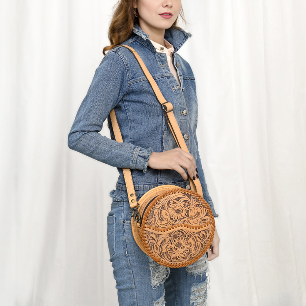 ADBG1461 Round Natural Hand-Tooled Leather Canteen Bag - Floral Whipstitch Western Style