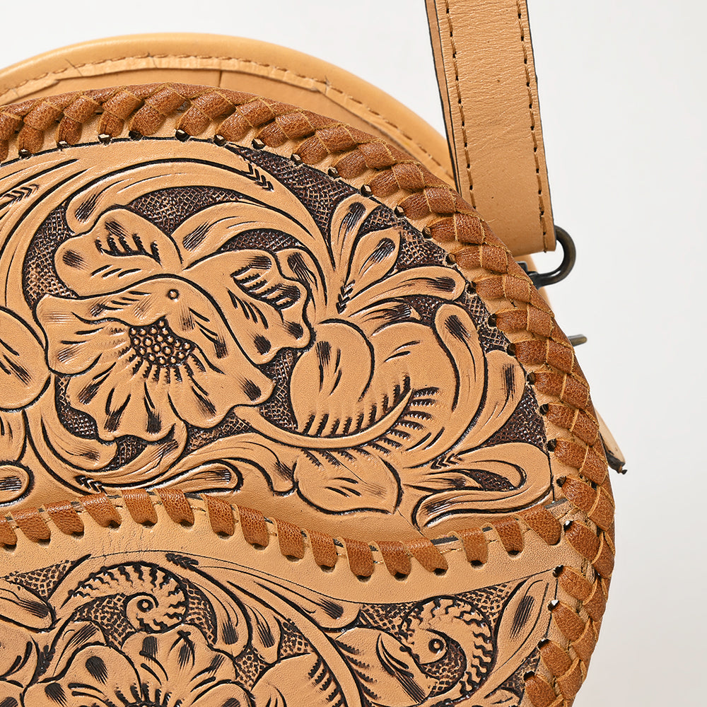 ADBG1461 Round Natural Hand-Tooled Leather Canteen Bag - Floral Whipstitch Western Style