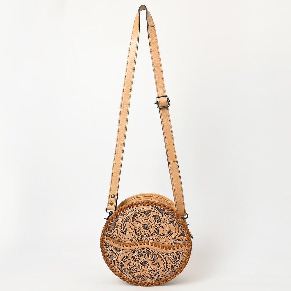 ADBG1461 Round Natural Hand-Tooled Leather Canteen Bag - Floral Whipstitch Western Style