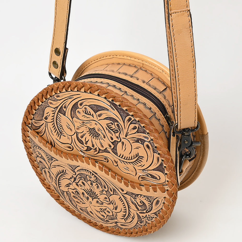 ADBG1461 Round Natural Hand-Tooled Leather Canteen Bag - Floral Whipstitch Western Style