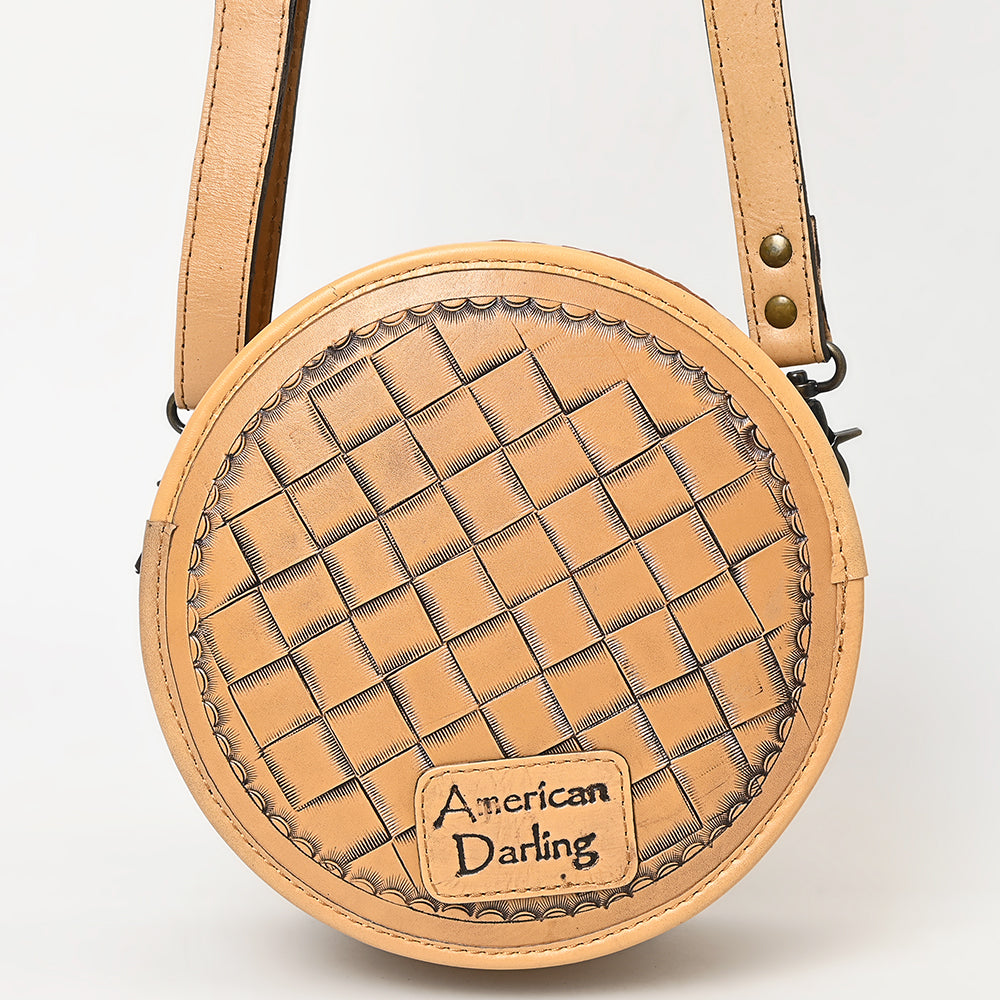 ADBG1461 Round Natural Hand-Tooled Leather Canteen Bag - Floral Whipstitch Western Style