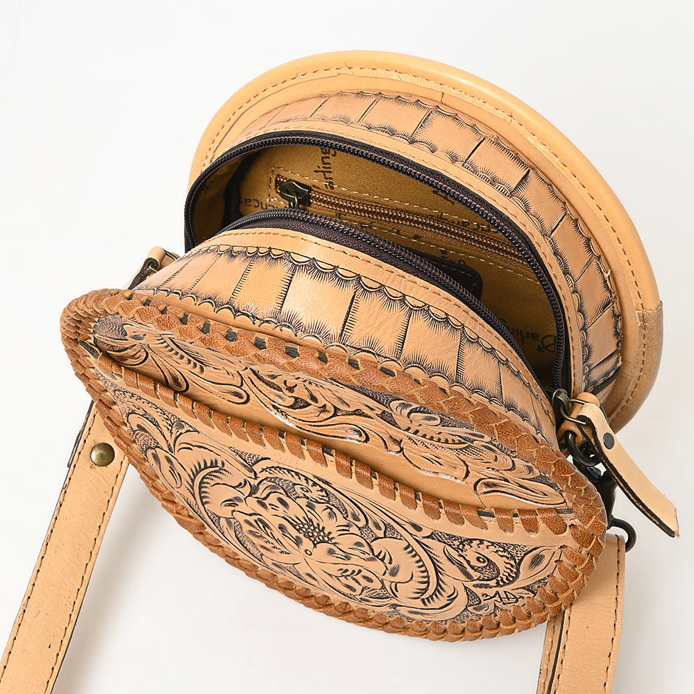 ADBG1461 Round Natural Hand-Tooled Leather Canteen Bag - Floral Whipstitch Western Style