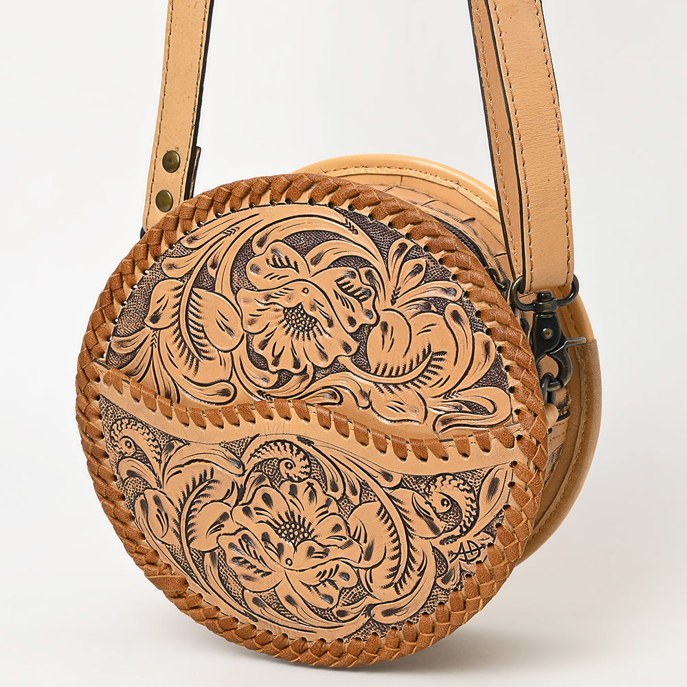ADBG1461 Round Natural Hand-Tooled Leather Canteen Bag - Floral Whipstitch Western Style