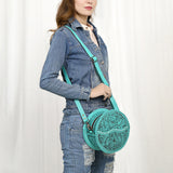 ADBG1461 Round Natural Hand-Tooled Leather Canteen Bag - Floral Whipstitch Western Style