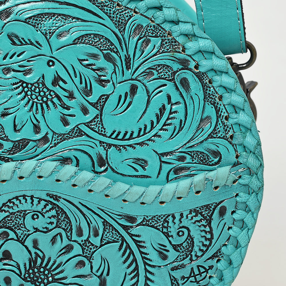 ADBG1461 Round Natural Hand-Tooled Leather Canteen Bag - Floral Whipstitch Western Style