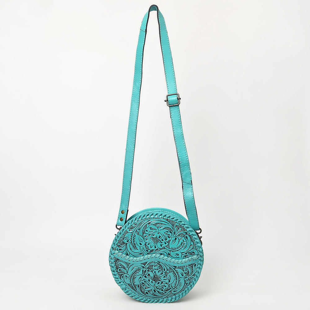 ADBG1461 Round Natural Hand-Tooled Leather Canteen Bag - Floral Whipstitch Western Style
