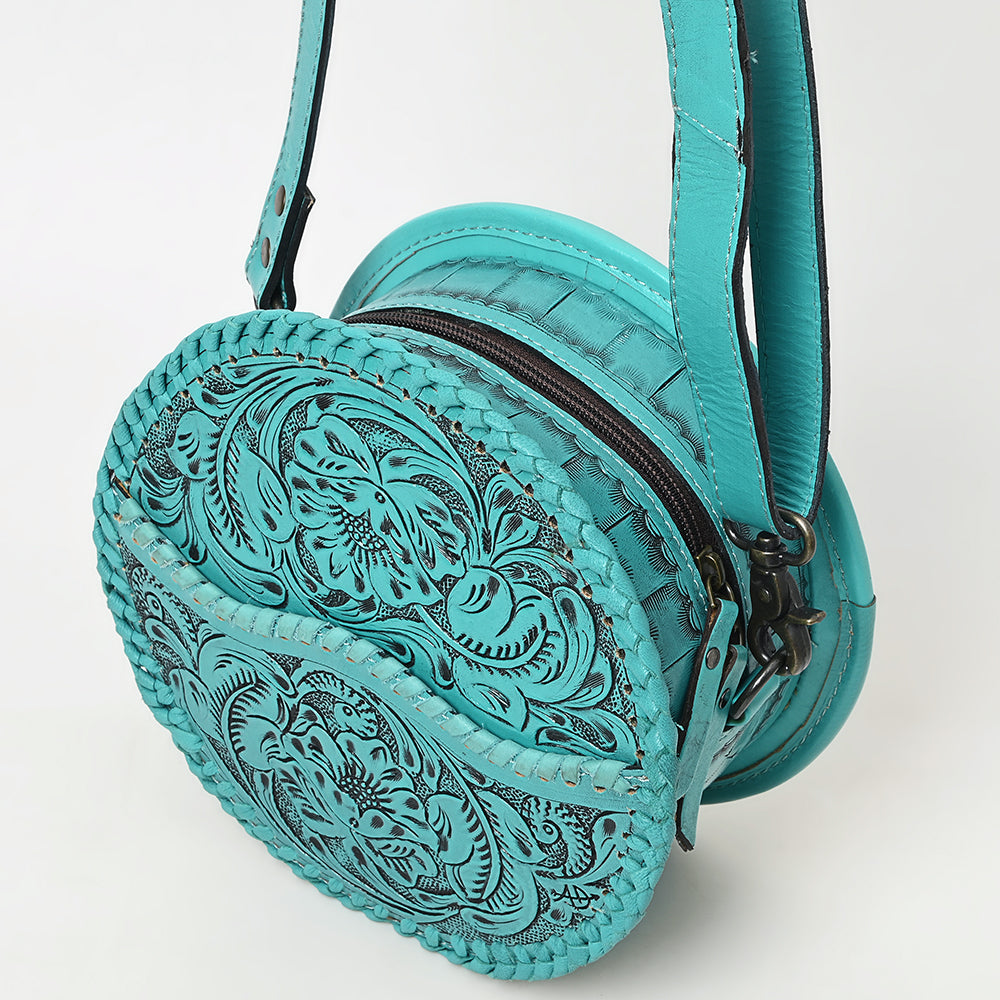 ADBG1461 Round Natural Hand-Tooled Leather Canteen Bag - Floral Whipstitch Western Style