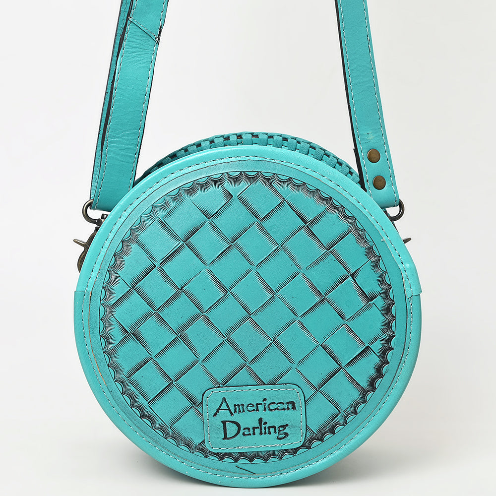 ADBG1461 Round Natural Hand-Tooled Leather Canteen Bag - Floral Whipstitch Western Style