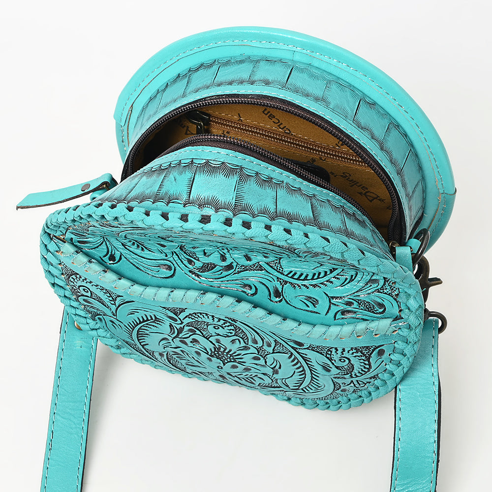 ADBG1461 Round Natural Hand-Tooled Leather Canteen Bag - Floral Whipstitch Western Style