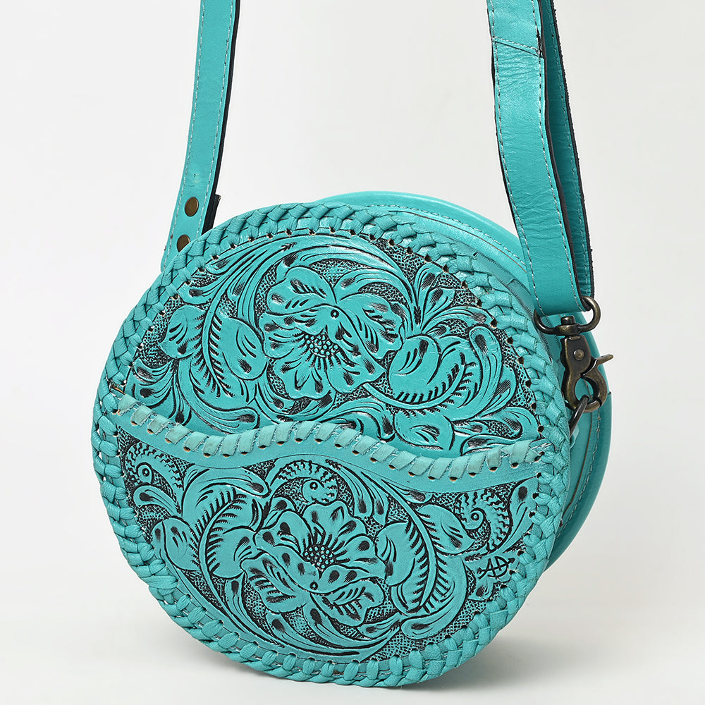 ADBG1461 Round Natural Hand-Tooled Leather Canteen Bag - Floral Whipstitch Western Style