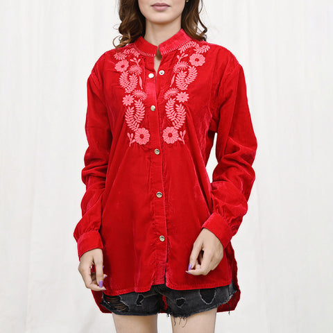 American Darling Embroidered Red Fabric Blouse Western Fashion Top