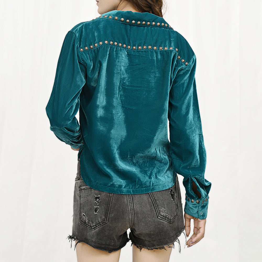 ADDR004 Women's Teal Velvet Western Blouse with Studded Collar