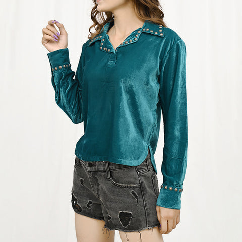 American Darling Turquoise Velvet Fabric Shirt Studded Western Top