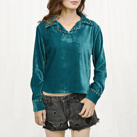 American Darling Turquoise Velvet Fabric Shirt Studded Western Top