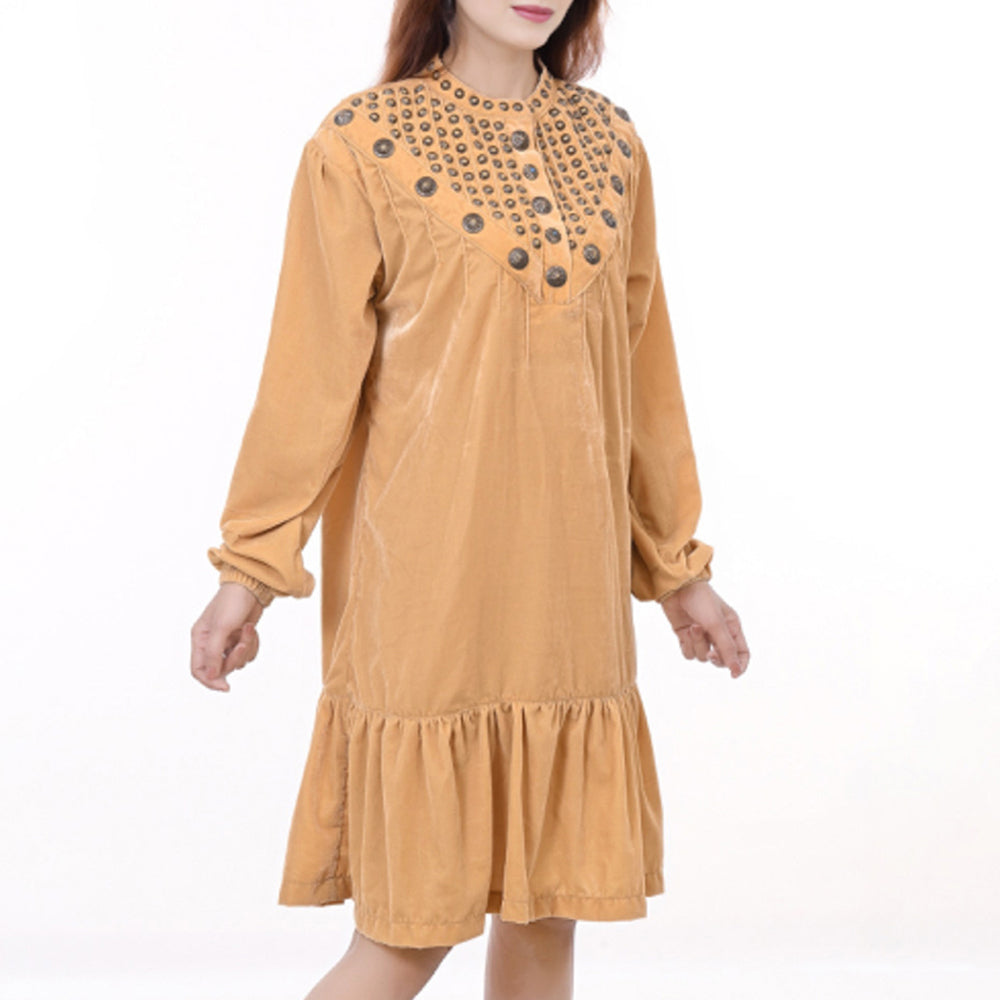 ADDR005 Women's Mustard Velvet Western Dress with Studded Yoke