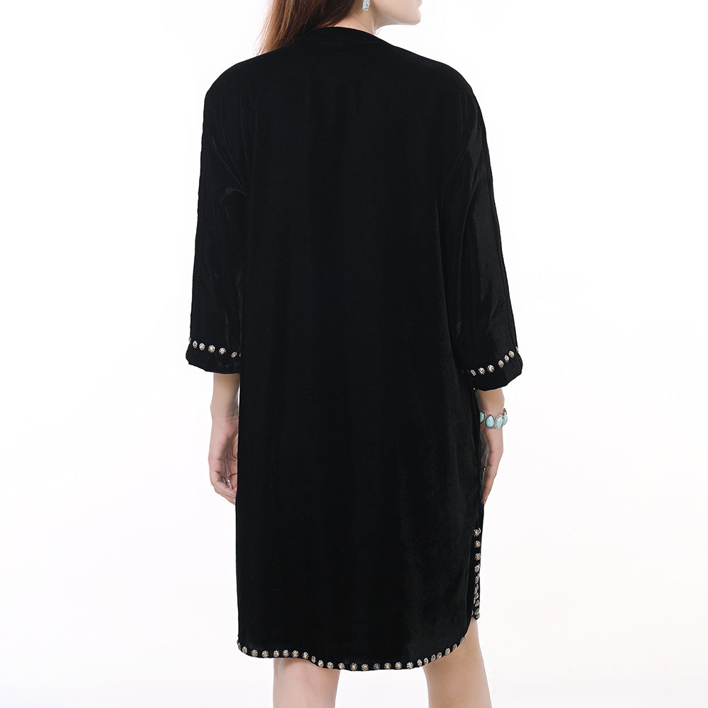 ADDR006 Women's Black Velvet Western Dress with Studded Detailing