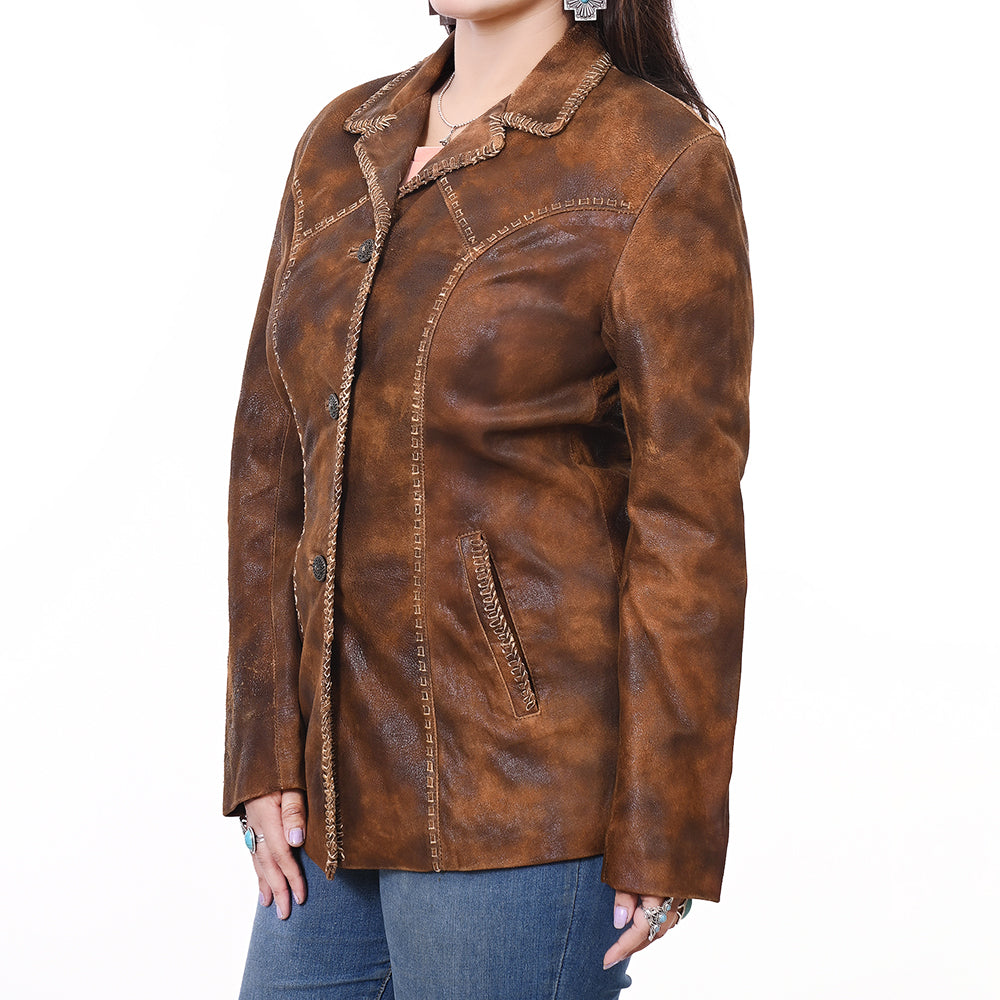LC-ADJKTLTR01 Women's Distressed Brown Leather Western Blazer Jacket with Whipstitch Detailing