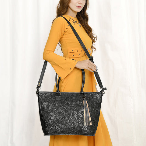 American Darling Hand Tooled Western Leather Tote Bag with Floral Carving & Tassel ï¿½ Genuine Leather