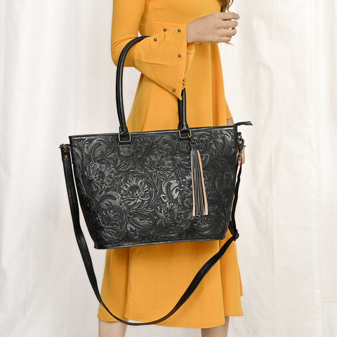 American Darling Hand Tooled Western Leather Tote Bag with Floral Carving & Tassel ï¿½ Genuine Leather