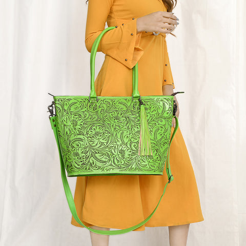American Darling Hand Tooled Western Leather Tote Bag with Floral Carving & Tassel ï¿½ Genuine Leather