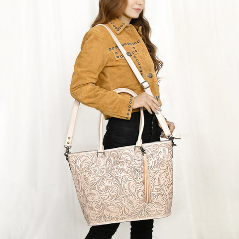 American Darling Hand Tooled Western Leather Tote Bag with Floral Carving & Tassel ï¿½ Genuine Leather