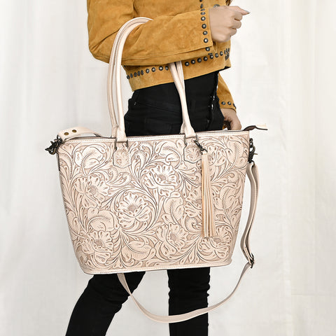 American Darling Hand Tooled Western Leather Tote Bag with Floral Carving & Tassel ï¿½ Genuine Leather