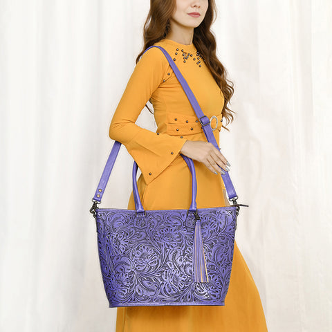 American Darling Hand Tooled Western Leather Tote Bag with Floral Carving & Tassel ï¿½ Genuine Leather