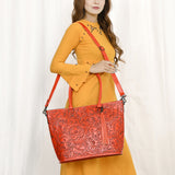 ADBG1480 Hand-Tooled Leather Tote Bag with Tassel and Shoulder Strap