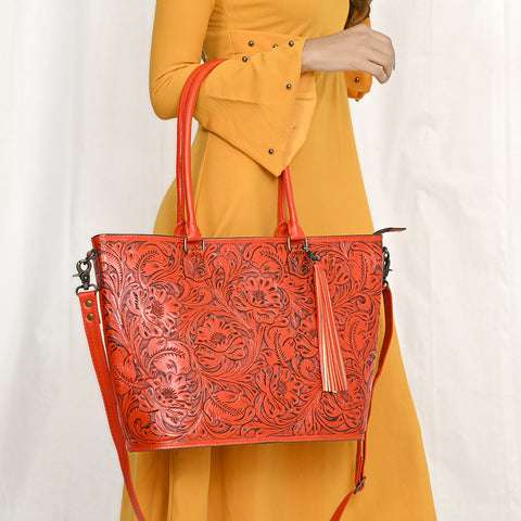 American Darling Hand Tooled Western Leather Tote Bag with Floral Carving & Tassel ï¿½ Genuine Leather