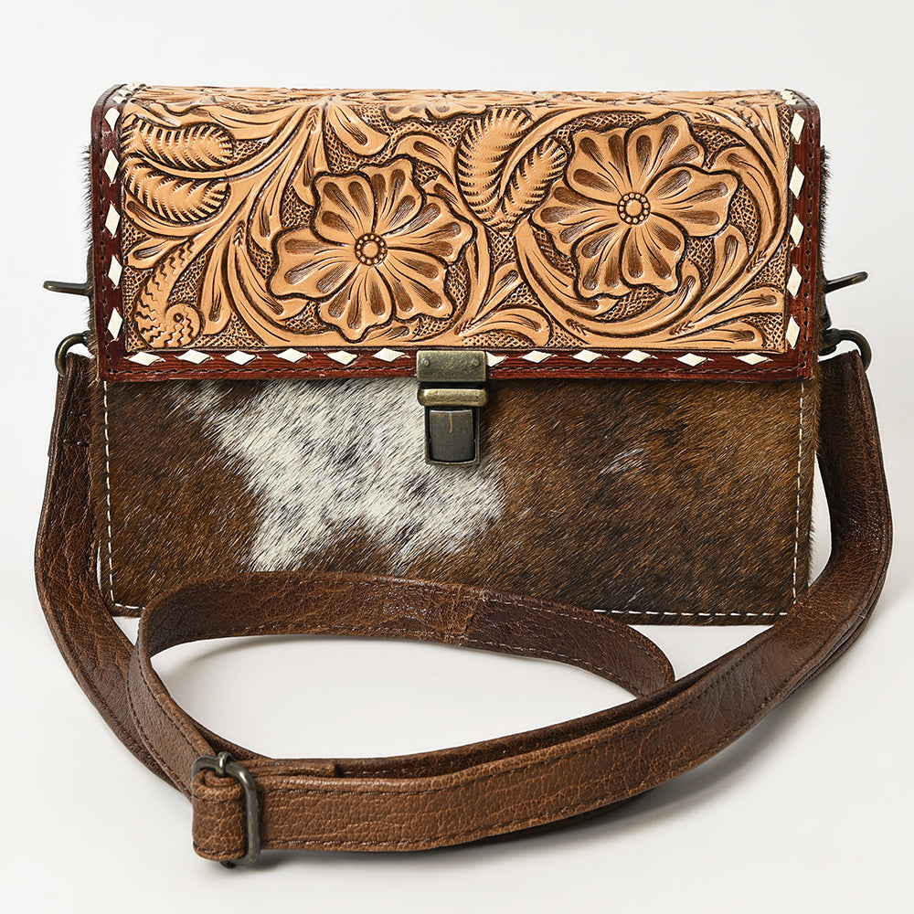 ADBG1465 Hand-Tooled Leather & Cowhide Crossbody Bag - Western Floral Flap by American Darling
