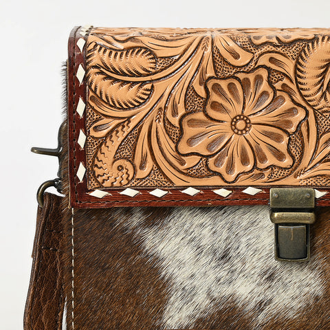 American Darling Western Leather Small Cross Body Bag with Hand-Tooled Floral Detailing & Cowhide Panel