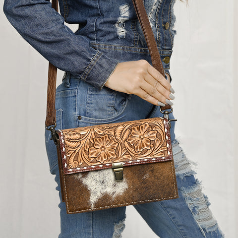 American Darling Western Leather Small Cross Body Bag with Hand-Tooled Floral Detailing & Cowhide Panel