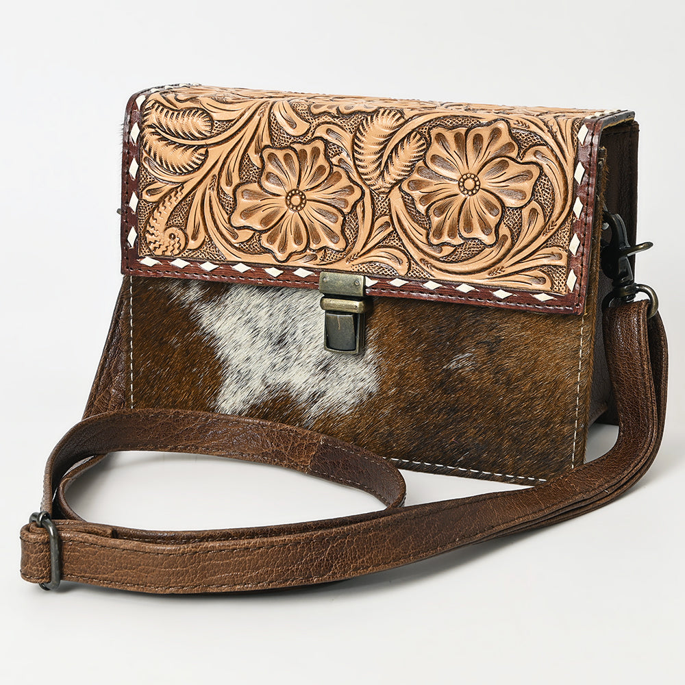 ADBG1465 Hand-Tooled Leather & Cowhide Crossbody Bag - Western Floral Flap by American Darling