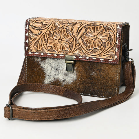 American Darling Western Leather Small Cross Body Bag with Hand-Tooled Floral Detailing & Cowhide Panel