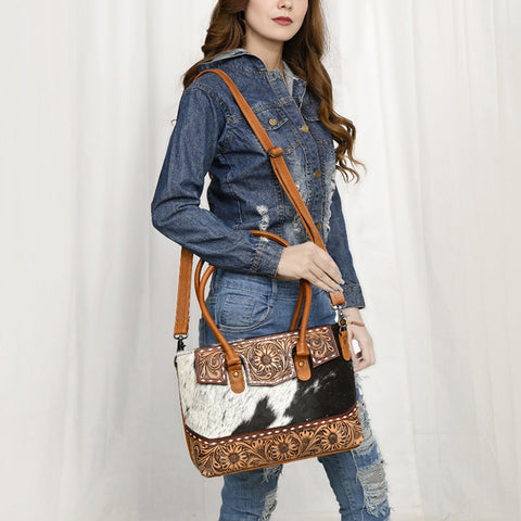 American Darling Western Leather Tote Bag with Hand-Tooled Floral Carving & Hair-On Cowhide Panel