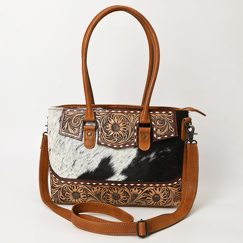 American Darling Western Leather Tote Bag with Hand-Tooled Floral Carving & Hair-On Cowhide Panel