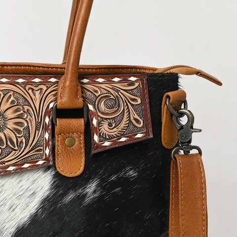 American Darling Western Leather Tote Bag with Hand-Tooled Floral Carving & Hair-On Cowhide Panel