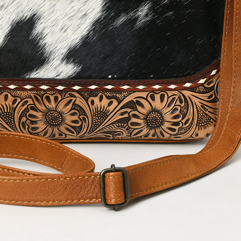 American Darling Western Leather Tote Bag with Hand-Tooled Floral Carving & Hair-On Cowhide Panel