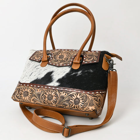 American Darling Western Leather Tote Bag with Hand-Tooled Floral Carving & Hair-On Cowhide Panel
