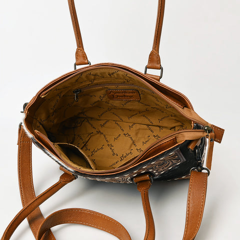 American Darling Western Leather Tote Bag with Hand-Tooled Floral Carving & Hair-On Cowhide Panel