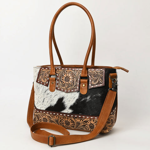American Darling Western Leather Tote Bag with Hand-Tooled Floral Carving & Hair-On Cowhide Panel