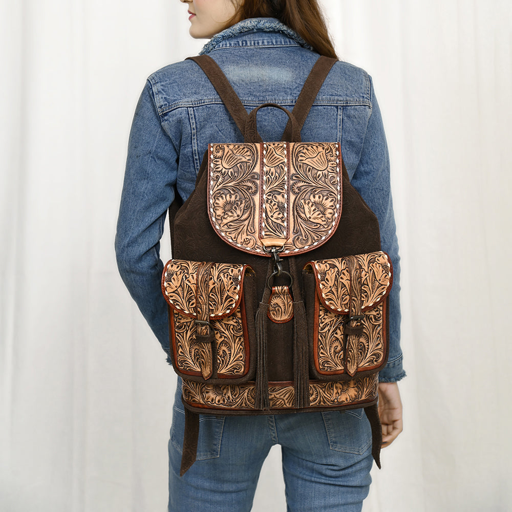 ADBG1468 Hand-Tooled Leather Western Backpack - Floral Design with Tassels by American Darling