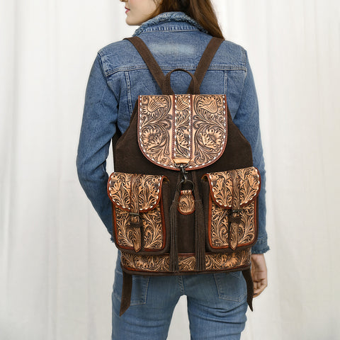 American Darling Western Leather Backpack Bag with Hand-Tooled Floral Detailing and Genuine Suede Leather Craftsmanship