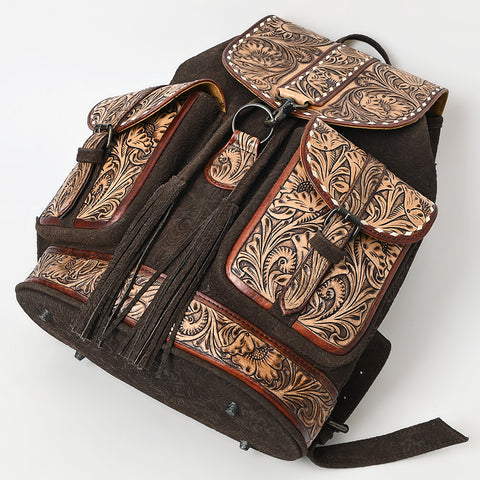 American Darling Western Leather Backpack Bag with Hand-Tooled Floral Detailing and Genuine Suede Leather Craftsmanship