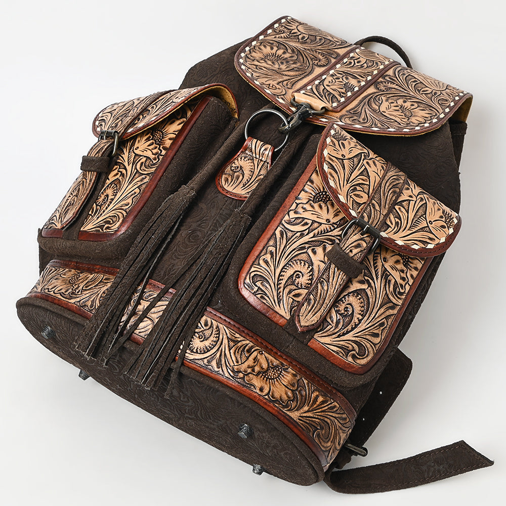 ADBG1468 Hand-Tooled Leather Western Backpack - Floral Design with Tassels by American Darling